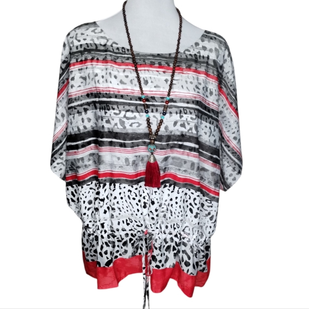 Ruby Rd. Women's Black, Grey and Red Patterned Draw String Waist Top Size 3X